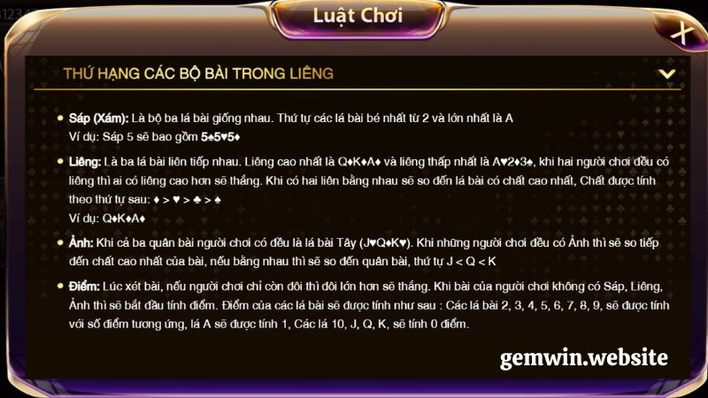 luat choi lieng cach tinh thu hang Cách tính thứ hạng các bộ bài trong luật chơi Liêng
